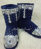 PROMOTION WINTER Blue Leather Sheepskin Fleech/Wool Boots with shinning and stylish CRYSTALS