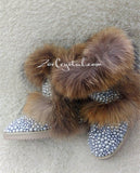 PROMOTION WINTER Bling and Sparkly Double Layers Fur SheepSkin Wool BOOTS w shinning Czech or Swarovski Crystals and Pearls