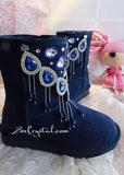 PROMOTION WINTER Navy Blue Sheepskin Fleech/Wool Boots with shinning and Princess CRYSTALS