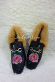 New**Bling and Sparkly Rose Print Leather with Fur Slipper made of Czech / Swarovski crystals