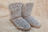 PROMOTION WINTER Bailey Button White Sheepskin Fleech/Wool Boots with shinning and stylish CRYSTALS and Pearls