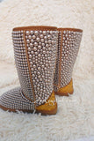 PROMOTION WINTER Bling and Sparkly Tall Brown and Gold Pearls SheepSkin Wool BOOTS w shinning Czech or Swarovski crystals