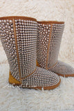 New Color**PROMOTION WINTER Bling and Sparkly Tall Brown and Gold Pearls SheepSkin Wool BOOTS w shinning Czech or Swarovski crystals