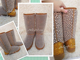 New Color**PROMOTION WINTER Bling and Sparkly Tall Brown and Gold Pearls SheepSkin Wool BOOTS w shinning Czech or Swarovski crystals