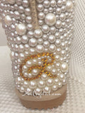 PROMOTION WINTER Bling and Sparkly Creamy White Pearls SheepSkin Wool BOOTS w shinning Czech or Swarovski crystals