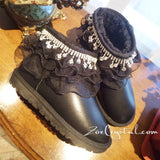 Princess Style and Sparkly Bling Lace lace Short SheepSkin Wool BOOTS w shinning Czech crystals