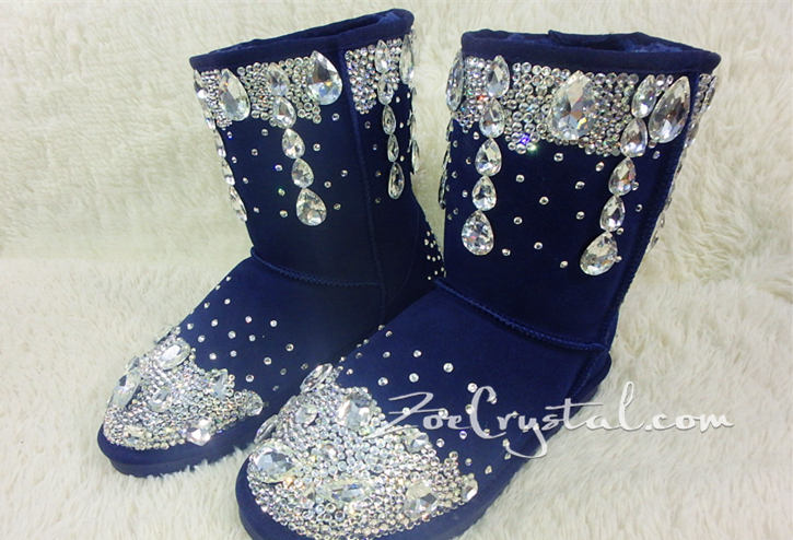 New Color**PROMOTION WINTER Blue Leather Sheepskin Fleech/Wool Boots with shinning and stylish CRYSTALS
