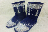 PROMOTION WINTER Blue Leather Sheepskin Fleech/Wool Boots with shinning and stylish CRYSTALS