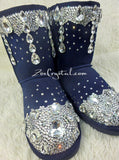 PROMOTION WINTER Blue Leather Sheepskin Fleech/Wool Boots with shinning and stylish CRYSTALS