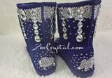PROMOTION WINTER Blue Leather Sheepskin Fleech/Wool Boots with shinning and stylish CRYSTALS