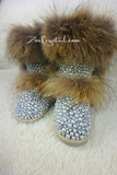 PROMOTION WINTER Bling and Sparkly Double Layers Fur SheepSkin Wool BOOTS w shinning Czech or Swarovski Crystals and Pearls