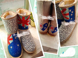 England Flag Style WINTER Bling and Sparkly Creamy White Pearls Wool BOOTS w shinning Czech or Swarovski crystals