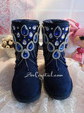 PROMOTION WINTER Navy Blue Sheepskin Fleech/Wool Boots with shinning and Princess CRYSTALS