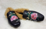 New**Bling and Sparkly Rose Print Leather with Fur Slipper made of Czech / Swarovski crystals