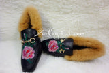 New**Bling and Sparkly Rose Print Leather with Fur Slipper made of Czech / Swarovski crystals