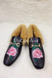 Bling and Sparkly Crystal Rose Print Leather with Fur Slipper