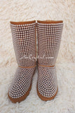 PROMOTION WINTER Bling and Sparkly Tall Brown and Gold Pearls SheepSkin Wool BOOTS w shinning Czech or Swarovski crystals