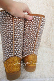 New Color**PROMOTION WINTER Bling and Sparkly Tall Brown and Gold Pearls SheepSkin Wool BOOTS w shinning Czech or Swarovski crystals
