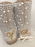 PROMOTION WINTER Bling and Sparkly Creamy White Pearls SheepSkin Wool BOOTS w shinning Czech or Swarovski crystals