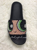 Customize Your SANDALS SLIDES Slippers in Summer Beach, Wedding, Fashion - Example of Bling Powerpuff Girls - Bedazzled Swarovski Rhinestone