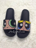 Customize Your SANDALS SLIDES Slippers in Summer Beach, Wedding, Fashion - Example of Bling Powerpuff Girls - Bedazzled Swarovski Rhinestone