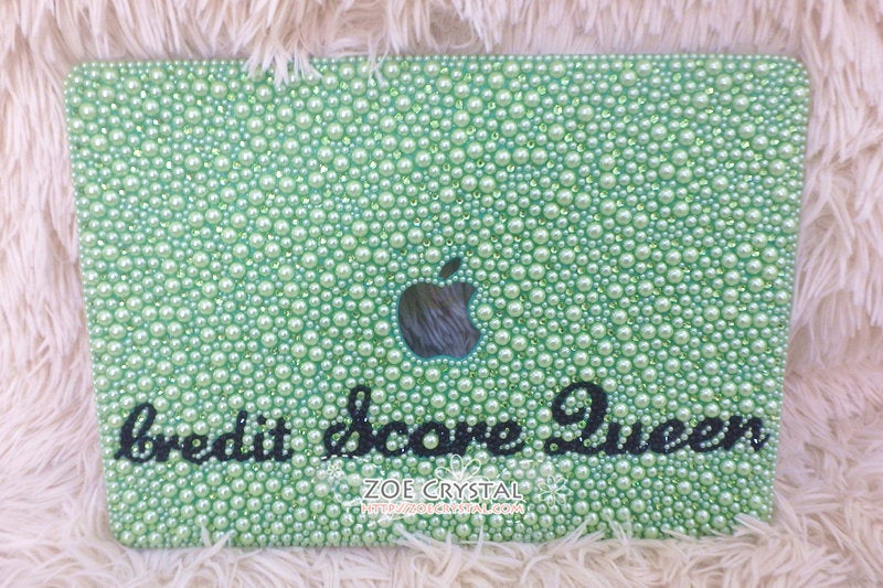 MACBOOK Air Pro Case Cover Bedazzled Bling w Light Green Pearls Swarovski Rhinestone
