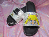 Customize Your SANDALS SLIDES Slippers in Summer Beach, Wedding, Fashion - Example of Sailor Moon & Tuxedo - Bedazzled Swarovski Rhinestone