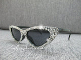 HOLLYWOOD Fashionable Cat Eye Sunglasses / Shades / Sunnies w Clear White Bling Sparkly  Rhinestones Festival Rockabilly Retro Pin Up