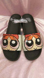 Customize Your SANDALS SLIDES Slippers in Summer Beach, Wedding, Fashion - Example of Bling Powerpuff Girls - Bedazzled Swarovski Rhinestone
