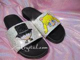 Customize Your SANDALS SLIDES Slippers in Summer Beach, Wedding, Fashion - Example of Sailor Moon & Tuxedo - Bedazzled Swarovski Rhinestone