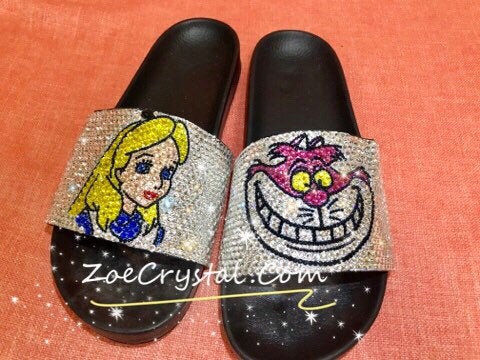 BLING & CUSTOMIZE SLIDES Sandals Slippers in Summer Beach, Wedding, Festival, Fashion - Alice in wonderland - Bedazzled Swarovski Rhinestone