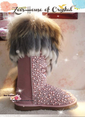 PROMOTION WINTER Bling and Sparkly Pink Tall Fur SheepSkin Wool BOOTS w shinning Czech or Swarovski Crystals and Pearls