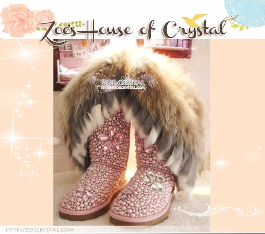 PROMOTION WINTER Bling and Sparkly Pink Tall Fur SheepSkin Wool BOOTS w shinning Czech or Swarovski Crystals and Pearls