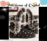 PROMOTION WINTER Bling and Sparkly Black Tall Fur SheepSkin Wool BOOTS w shinning Czech or Swarovski Crystals and Pearls