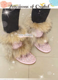 PROMOTION WINTER Bling and Sparkly Double Layers Fur SheepSkin Wool BOOTS w shinning Czech or Swarovski Crystals and Pearls