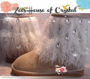 PROMOTION: WINTER Bling and Sparkly White Curly Fur SheepSkin Wool Boots w Big STONES