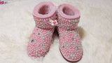 PROMOTION WINTER Bling and Sparkly Pink Pearl Short SheepSkin Wool BOOTS w shinning Czech or Swarovski crystals