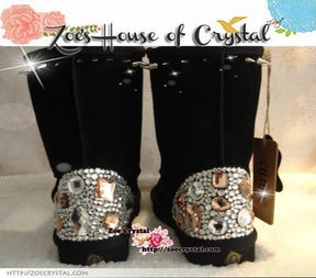 PROMOTION WINTER Bling and Sparkly SheepSkin Wool BOOTS w shinning Czech or Swarovski crystal and rhinestone