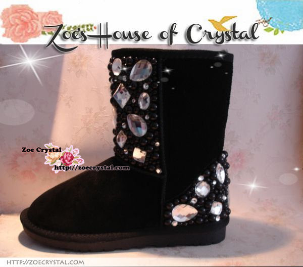 PROMOTION: WINTER Bling and Sparkly Black Pearl SheepSkin Wool Boots embroided with Czech / Swarovski Rhinestones