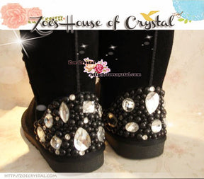 PROMOTION: WINTER Bling and Sparkly Black Pearl SheepSkin Wool Boots embroided with Czech / Swarovski Rhinestones