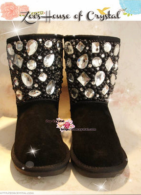 PROMOTION: WINTER Bling and Sparkly Black Pearl SheepSkin Wool Boots embroided with Czech / Swarovski Rhinestones