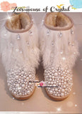 PROMOTION: WINTER Bling and Sparkly White Curly Fur SheepSkin Wool Boots w Pearls and Big STONES