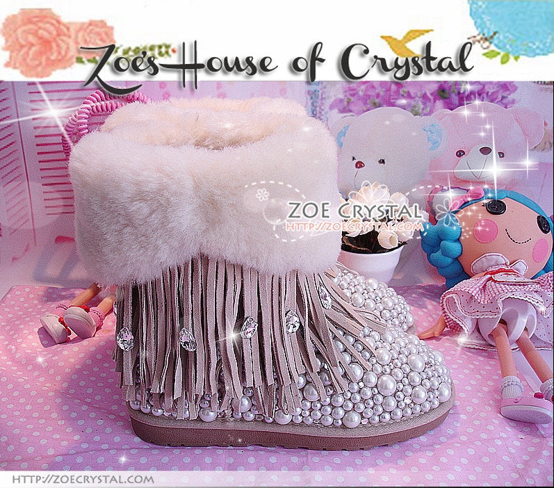 PROMOTION: WINTER Bling and Sparkly Cuff SheepSkin Wool Boots w Pearls and Crystals