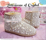 Winter Promotion Bling and Sparkly Elegant White SheepSkin Wool Boots w Pearls and Crystals