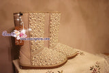 New Year Sales  Sales 20% off  - Winter Promotion Bling and Sparkly Sand SheepSkin Wool BOOTS w Creamy White Pearls