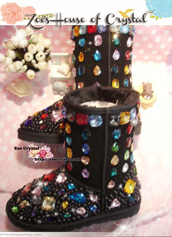 PROMOTION: WINTER Bling and Sparkly Black SheepSkin Wool Boots w Black Pearls embroided with Colorful Czech / Swarovski Rhinestones