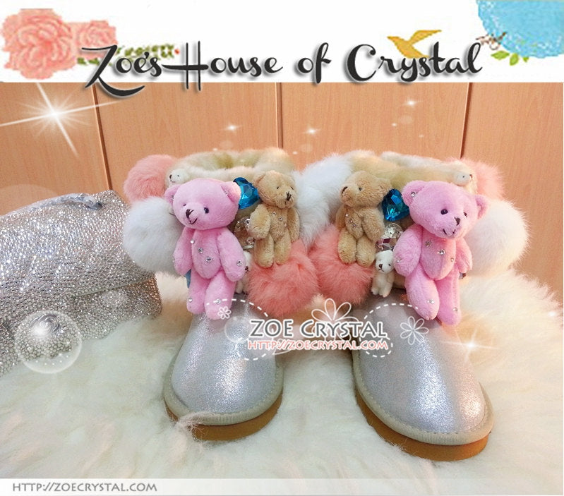 PROMOTION WINTER Bling and Sparkly Short White Metallic SheepSkin Wool BOOTS w Cute Bear Bear