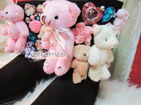 PROMOTION WINTER Bling and Sparkly Black SheepSkin Wool BOOTS w Cute Bear Bear and Big Stones