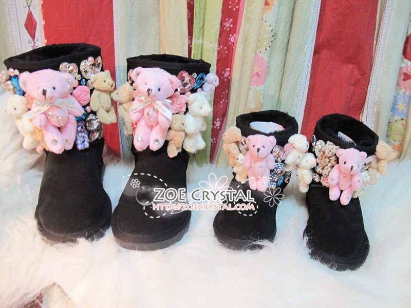 PROMOTION WINTER Bling and Sparkly Black SheepSkin Wool BOOTS w Cute Bear Bear and Big Stones