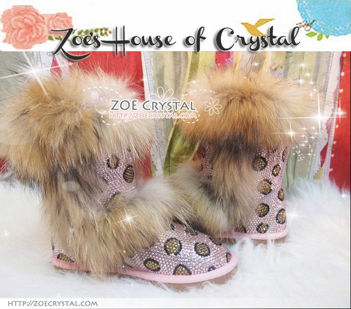 PROMOTION WINTER Bling and Sparkly Double Layers Fur SheepSkin Wool BOOTS w Pink Leopard Print made of Czech or Swarovski Crystals